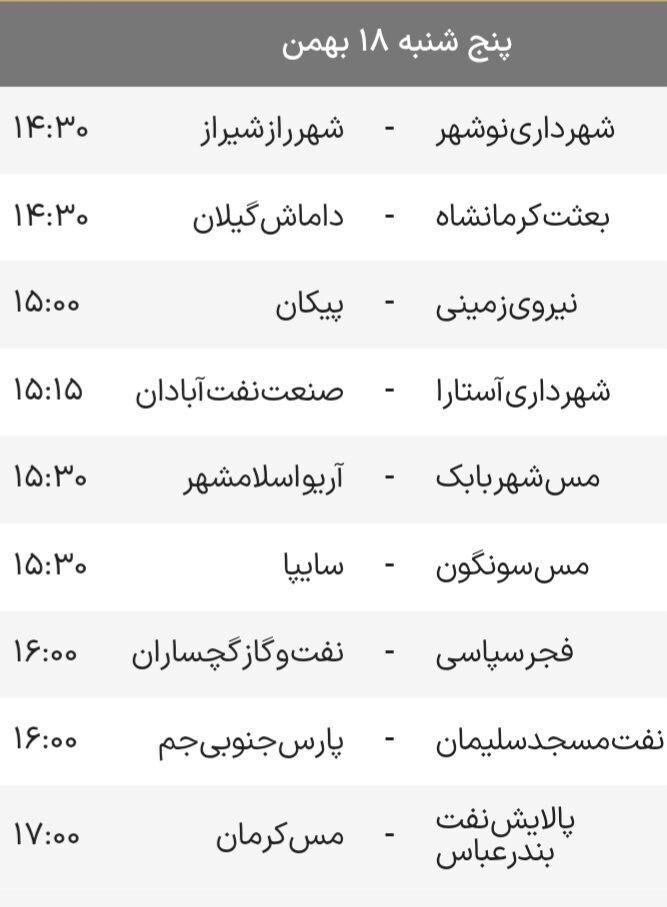 برنامه و ساعت دقیق بازی&zwnj;های هفته بیستم لیگ یک (آزادگان)