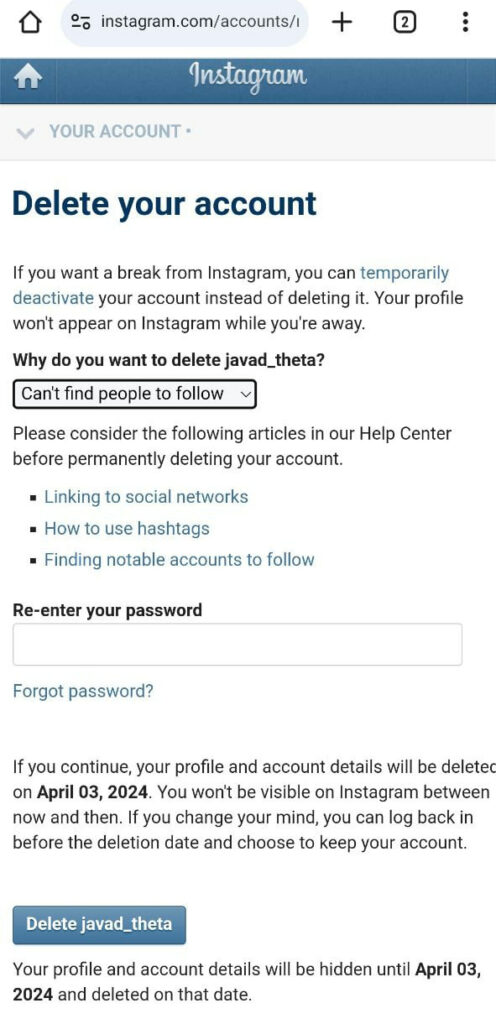 آموزش تصویری نحوه دیلیت اکانت دائمی اینستاگرام در سایت و اپ آموزش تصویری نحوه دیلیت اکانت دائمی اینستاگرام در سایت و اپ